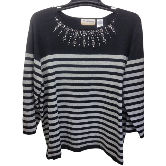 Alfred Dunner Women's Striped Shimmer Silver Black Rhinestone Sweater Size 1X - Picture 1 of 7